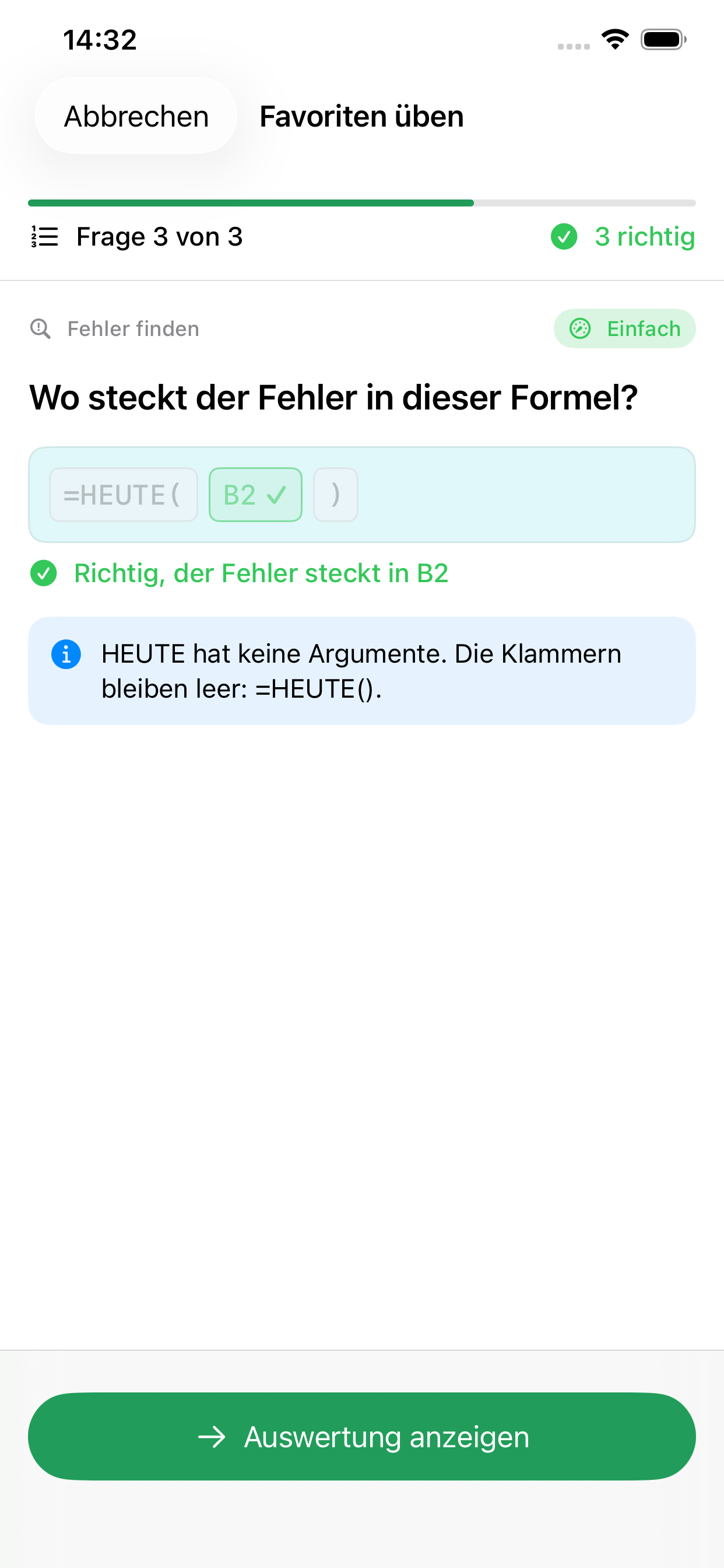 Auflösung einer Fehler-finden-Übung in der App