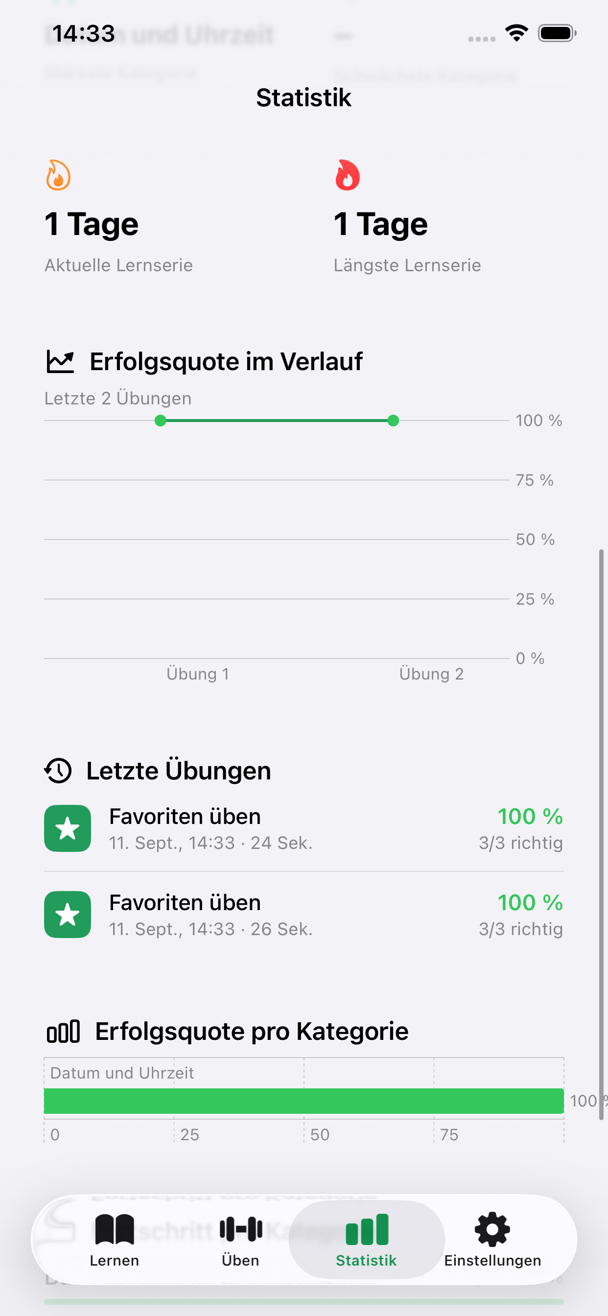 Statistikbereich mit Lernfortschritt im Formeltrainer